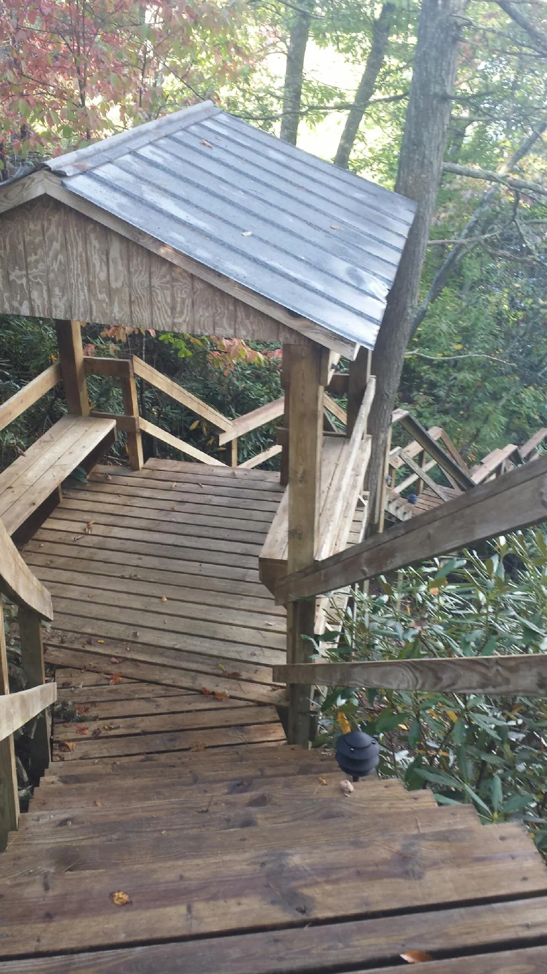 Metal roofed shelter over wooden steps on a wooded walkway — Skylight Repair & Installation work by our crew in Pell City